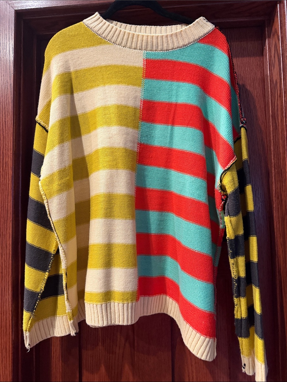 BiBi Multicolor Striped Crewneck Sweater - Red, Aqua, Mustard, Cream, Black